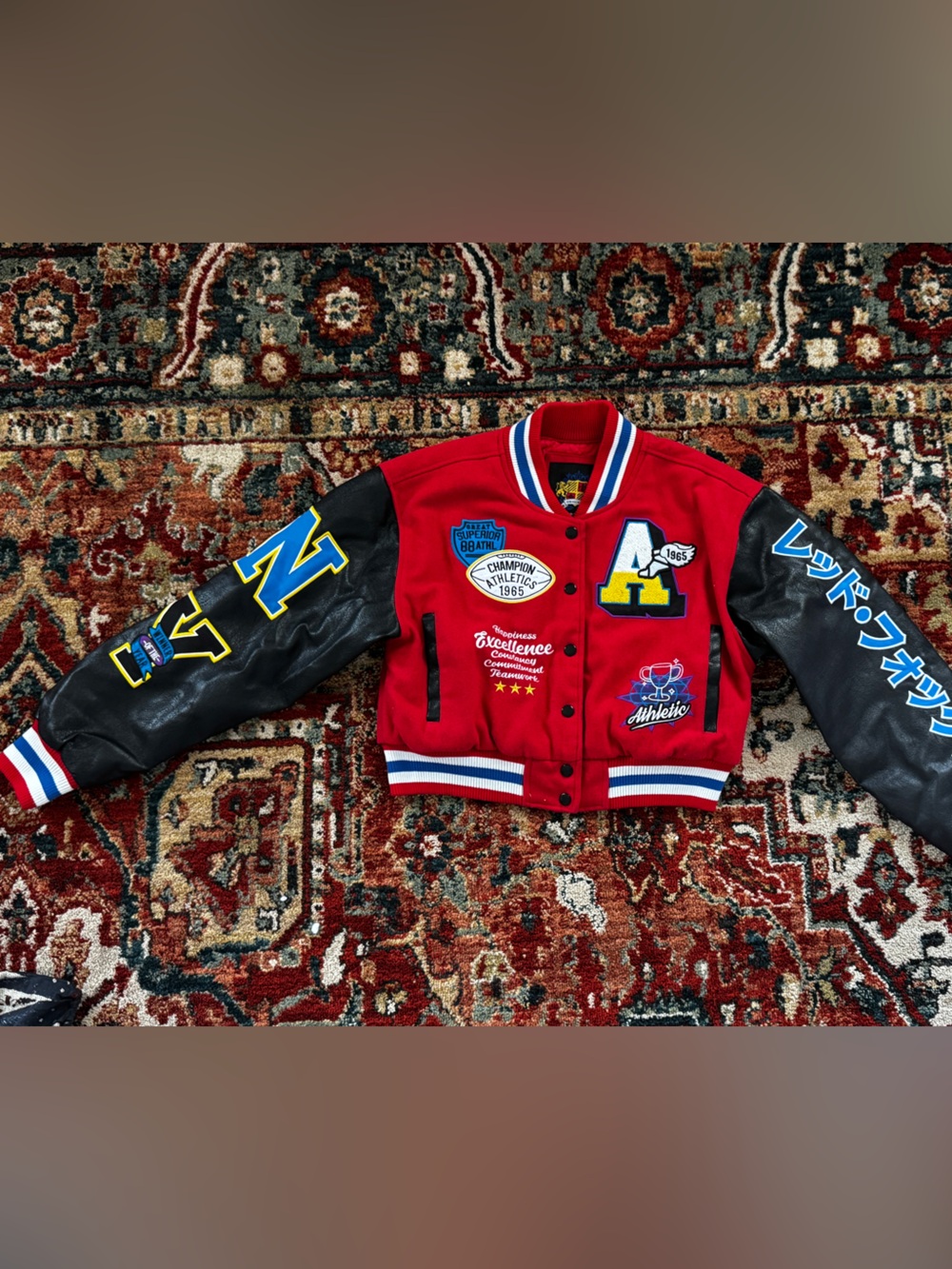Red Fox Varsity Style Patches Cropped Jacket